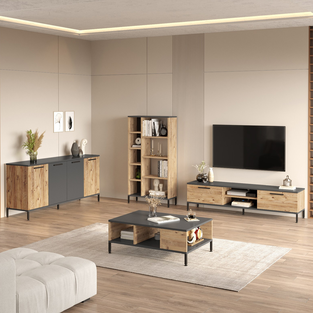 Rarvo Wooden Living Room Furniture Set in Atlantic Pine and Anthracite