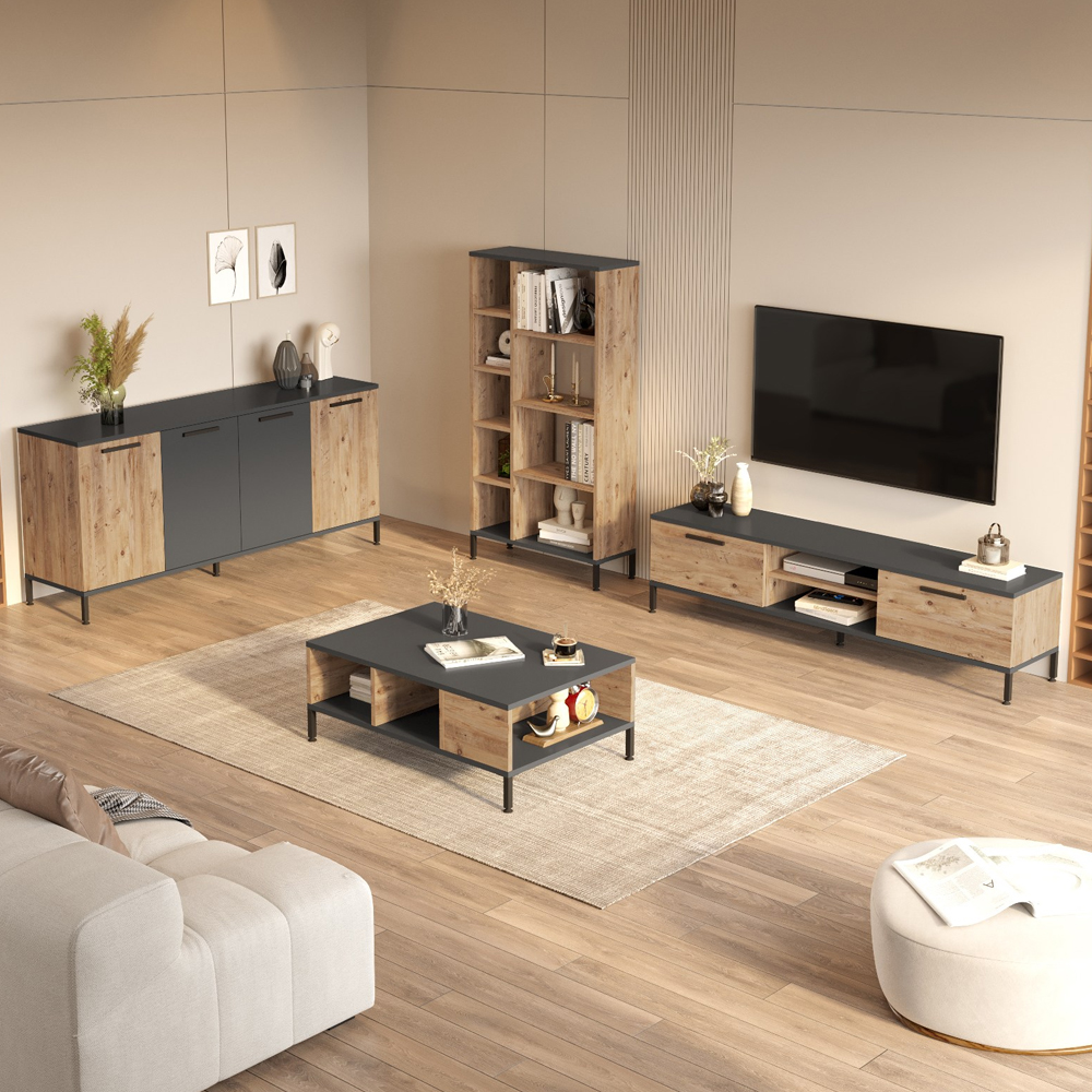 Rarvo Wooden Living Room Furniture Set in Atlantic Pine and Anthracite