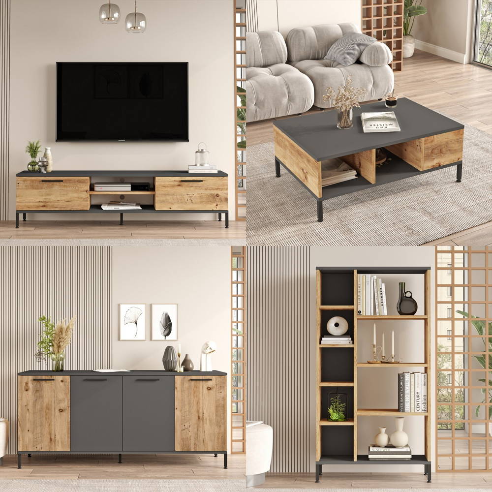 Rarvo Wooden Living Room Furniture Set in Atlantic Pine and Anthracite