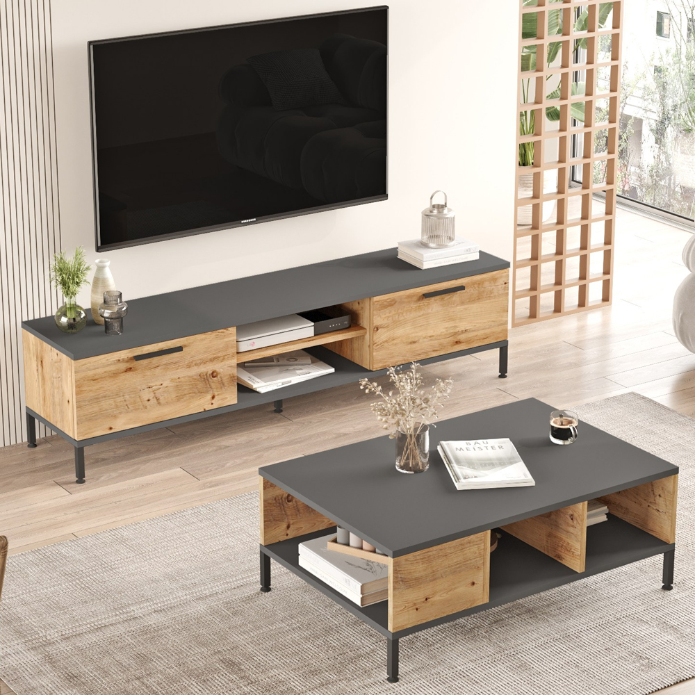 Rarvo Wooden TV Stand and Coffee Table Set in Atlantic Pine and Anthracite