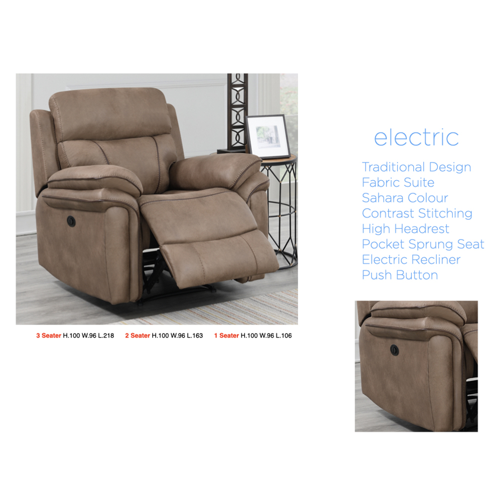 Rasalas Fabric Electric Recliner 1 Seater Sofa - Sahara