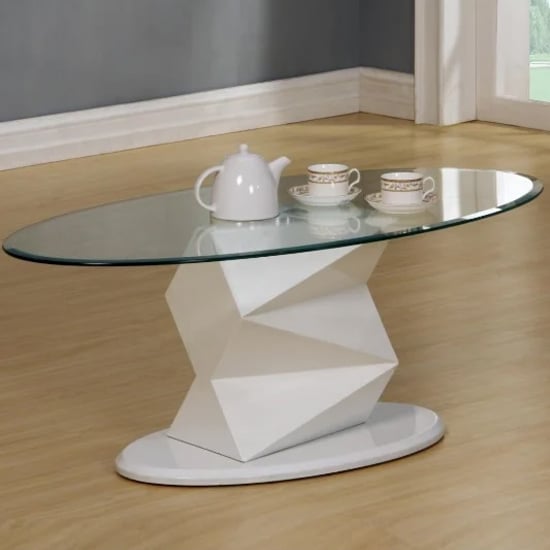 Photo of Rasida clear glass coffee table oval with white high gloss base