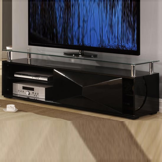 Rasida Clear Glass Top TV Stand With Black High Gloss Base