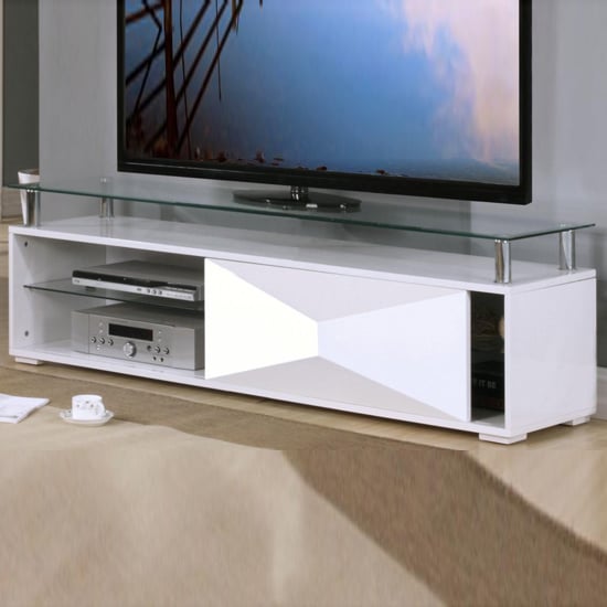 Product photograph of Rasida Clear Glass Top Tv Stand With White High Gloss Base from Furniture in Fashion