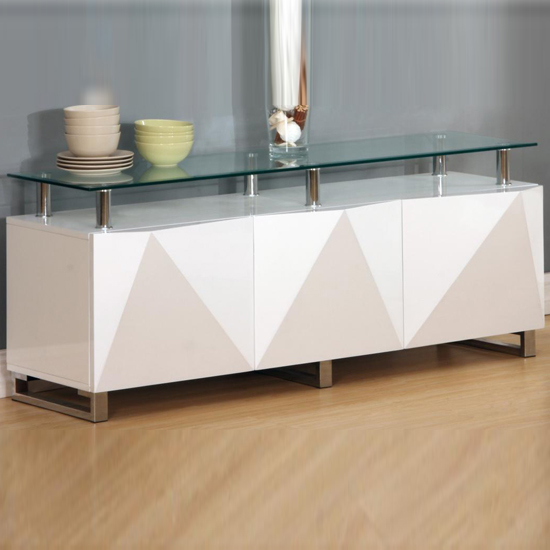 Rasida Glass Top Sideboard With 3 Doors In White High Gloss