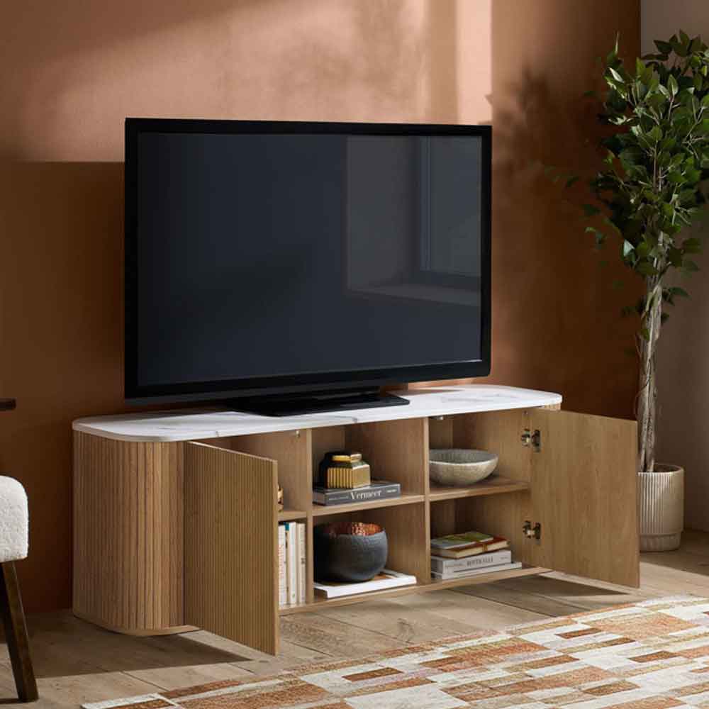 Ratro Large White Marble Effect Top TV Stand with Oak Wooden Base