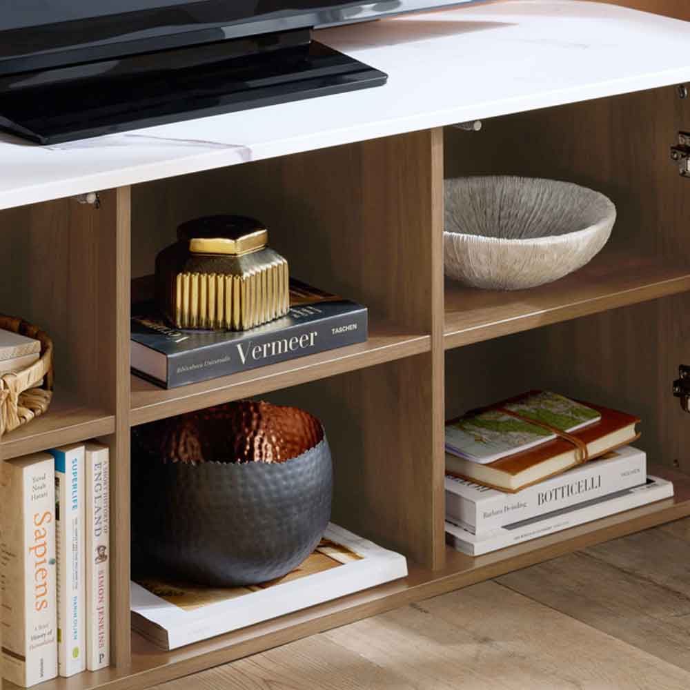 Ratro Large White Marble Effect Top TV Stand with Oak Wooden Base