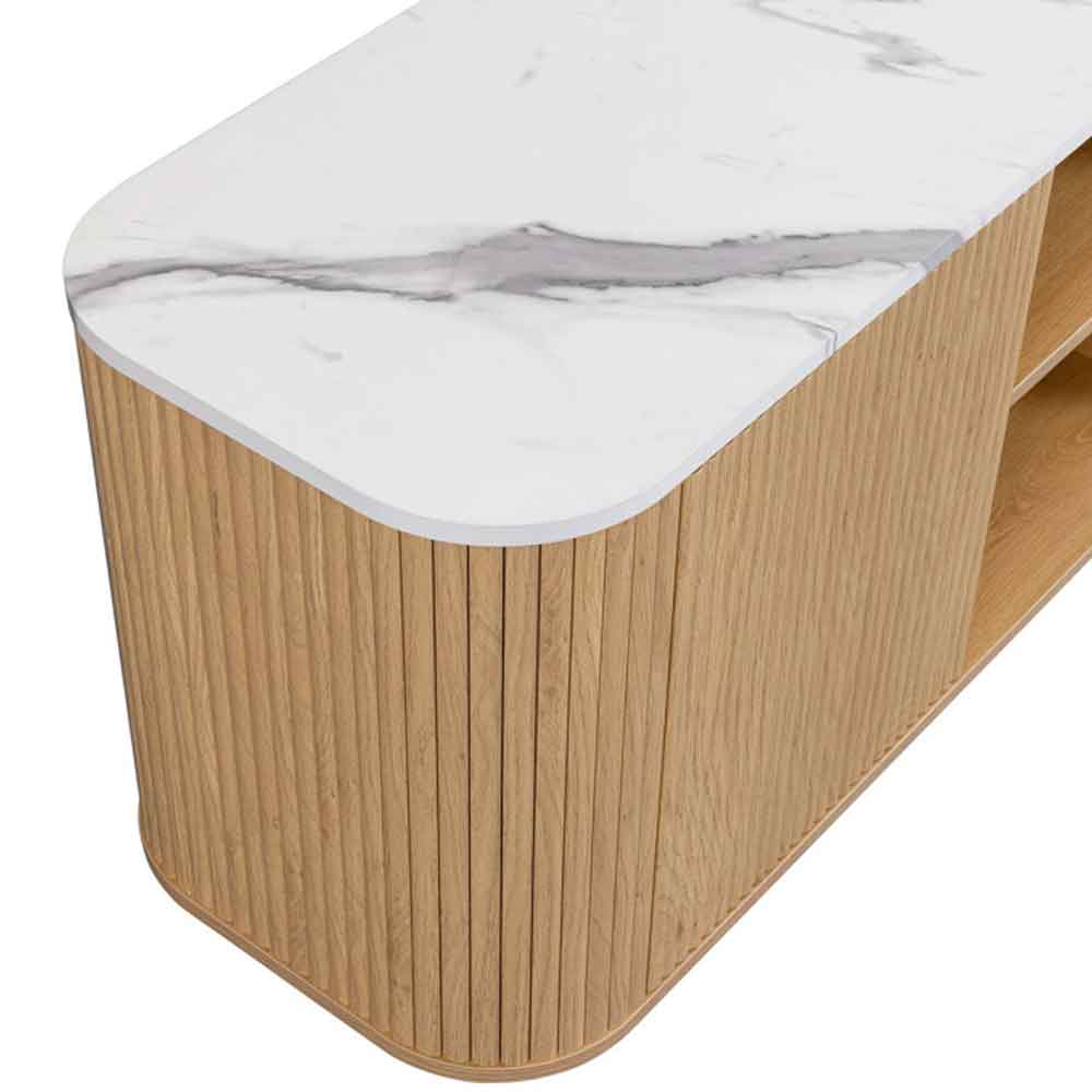 Ratro Large White Marble Effect Top TV Stand with Oak Wooden Base
