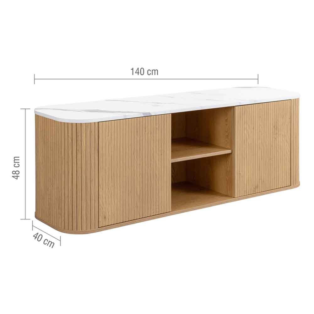 Ratro Large White Marble Effect Top TV Stand with Oak Wooden Base