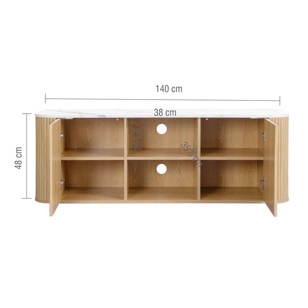 Ratro Large White Marble Effect Top TV Stand with Oak Wooden Base