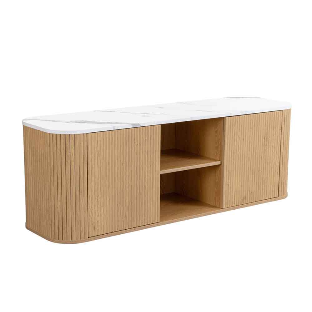 Ratro Large White Marble Effect Top TV Stand with Oak Wooden Base