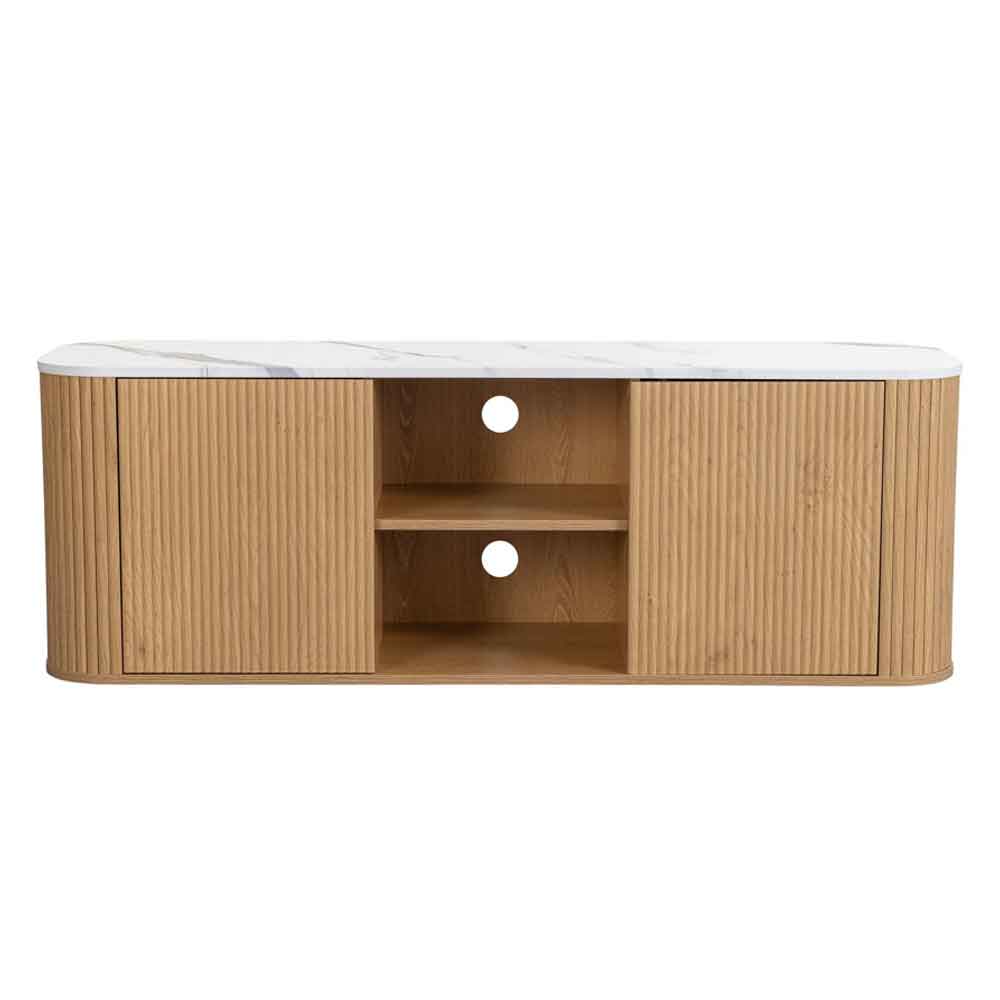 Ratro Large White Marble Effect Top TV Stand with Oak Wooden Base