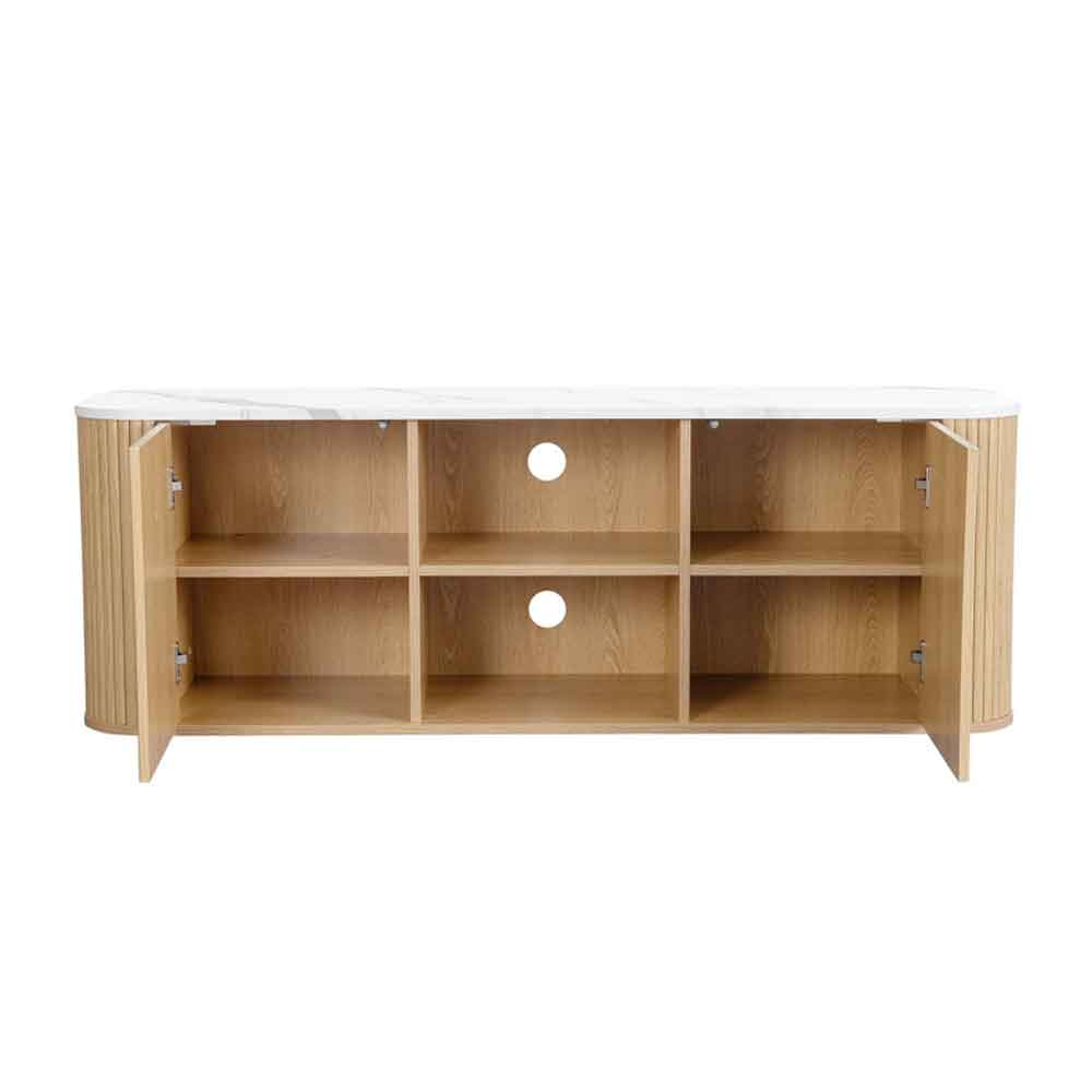Ratro Large White Marble Effect Top TV Stand with Oak Wooden Base