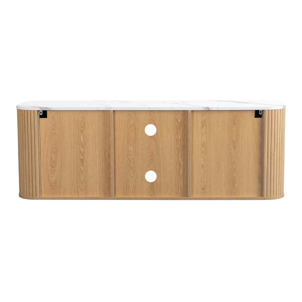 Ratro Large White Marble Effect Top TV Stand with Oak Wooden Base