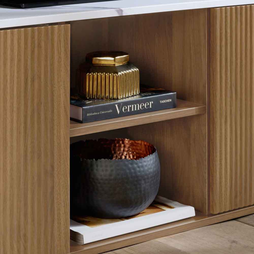 Ratro Large White Marble Effect Top TV Stand with Oak Wooden Base