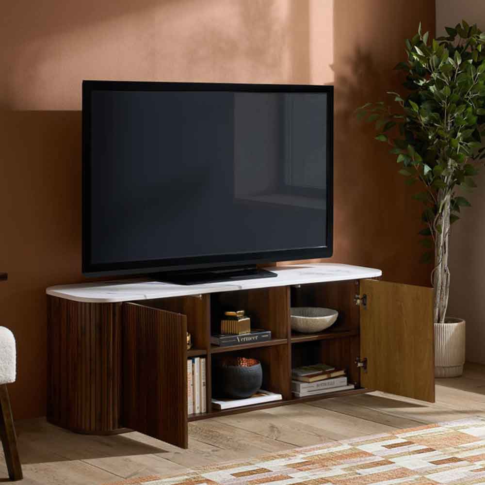 Ratro Large White Marble Effect Top TV Stand with Walnut Wooden Base