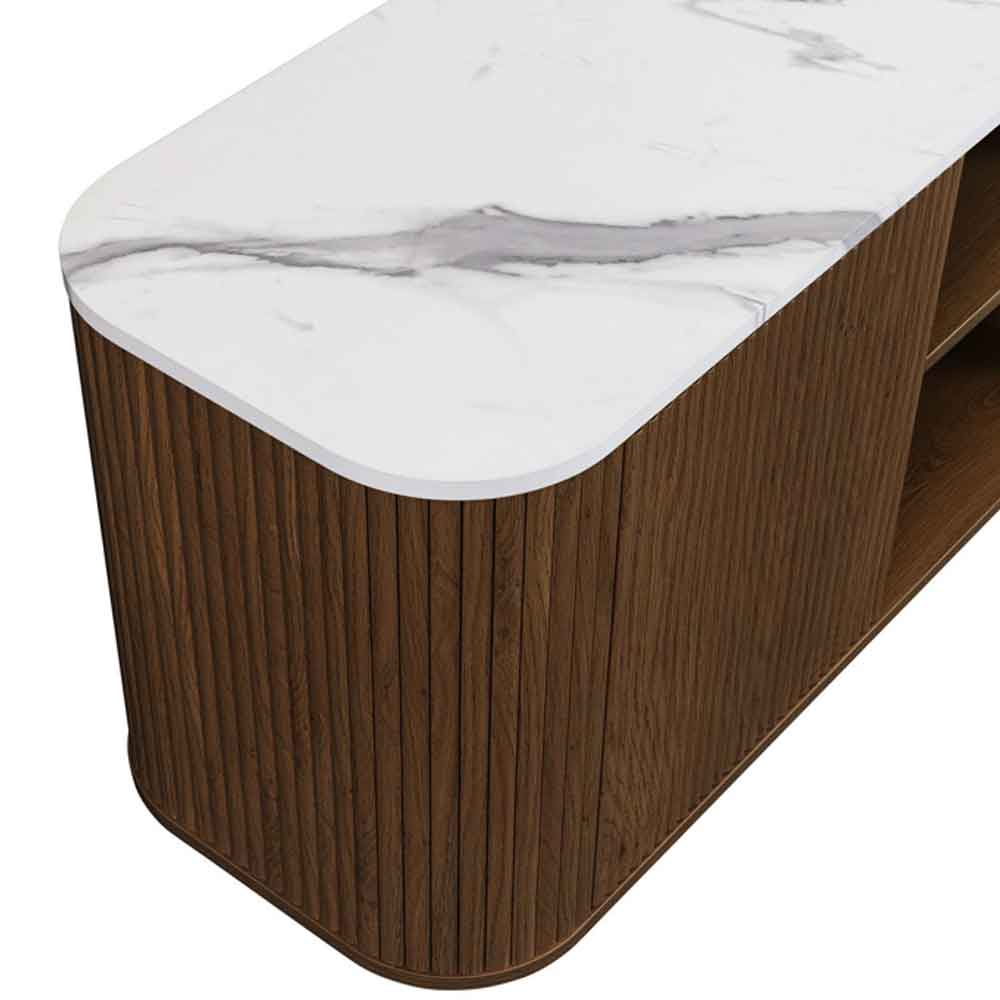 Ratro Large White Marble Effect Top TV Stand with Walnut Wooden Base