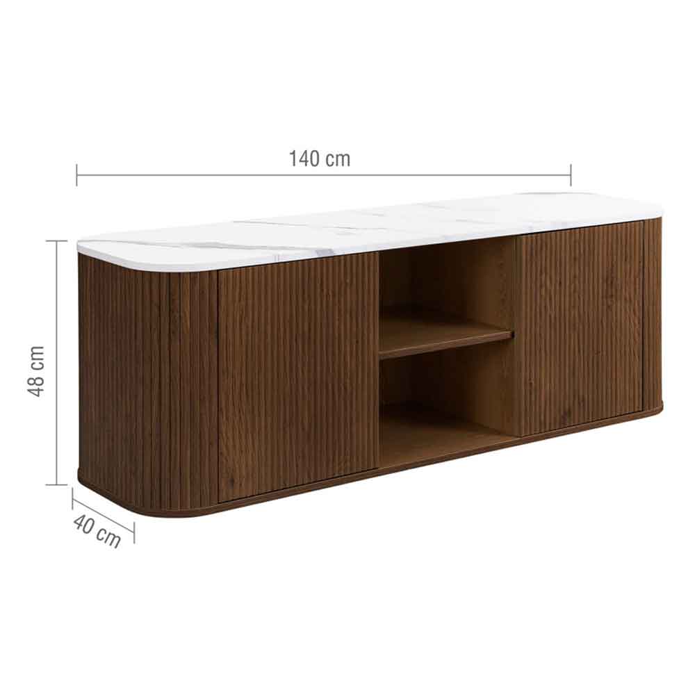 Ratro Large White Marble Effect Top TV Stand with Walnut Wooden Base