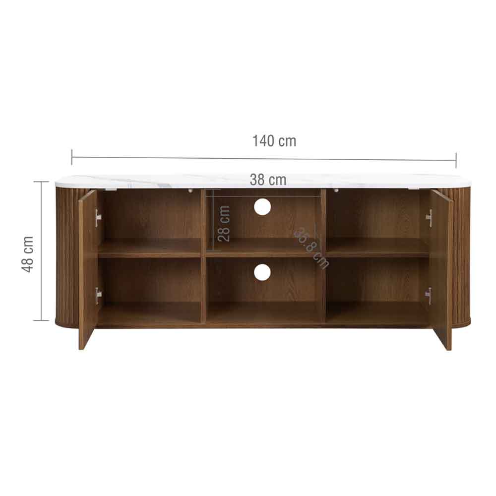 Ratro Large White Marble Effect Top TV Stand with Walnut Wooden Base