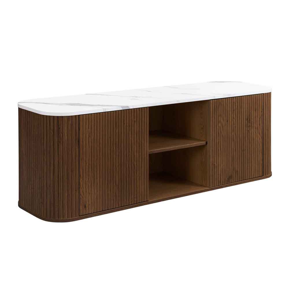 Ratro Large White Marble Effect Top TV Stand with Walnut Wooden Base