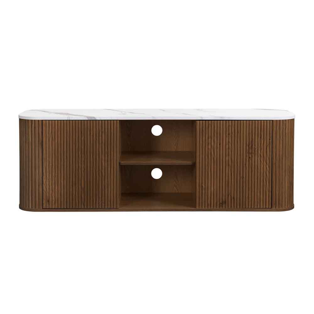 Ratro Large White Marble Effect Top TV Stand with Walnut Wooden Base