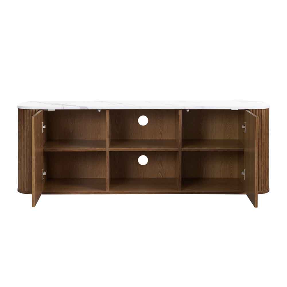 Ratro Large White Marble Effect Top TV Stand with Walnut Wooden Base