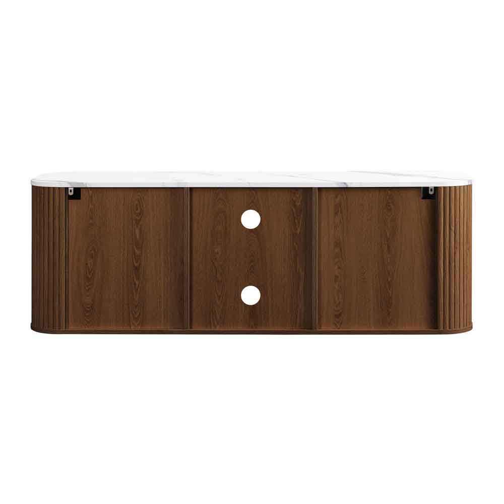 Ratro Large White Marble Effect Top TV Stand with Walnut Wooden Base