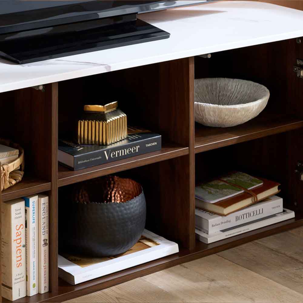 Ratro Large White Marble Effect Top TV Stand with Walnut Wooden Base
