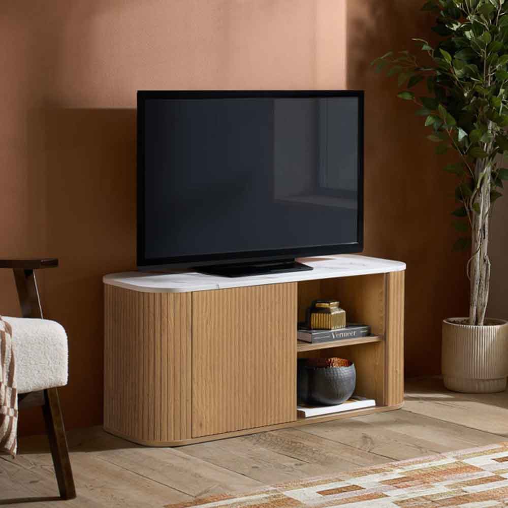 Ratro Small White Marble Effect Top TV Stand with Oak Wooden Base