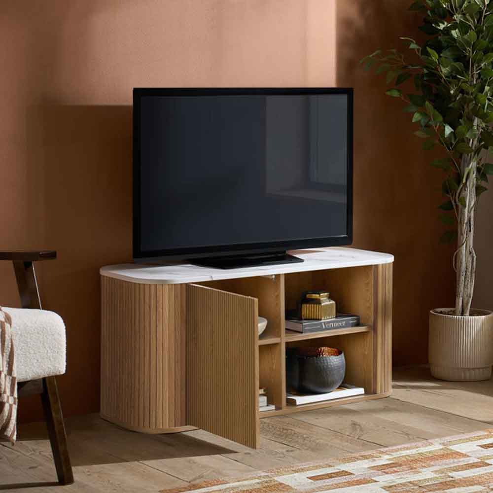 Ratro Small White Marble Effect Top TV Stand with Oak Wooden Base
