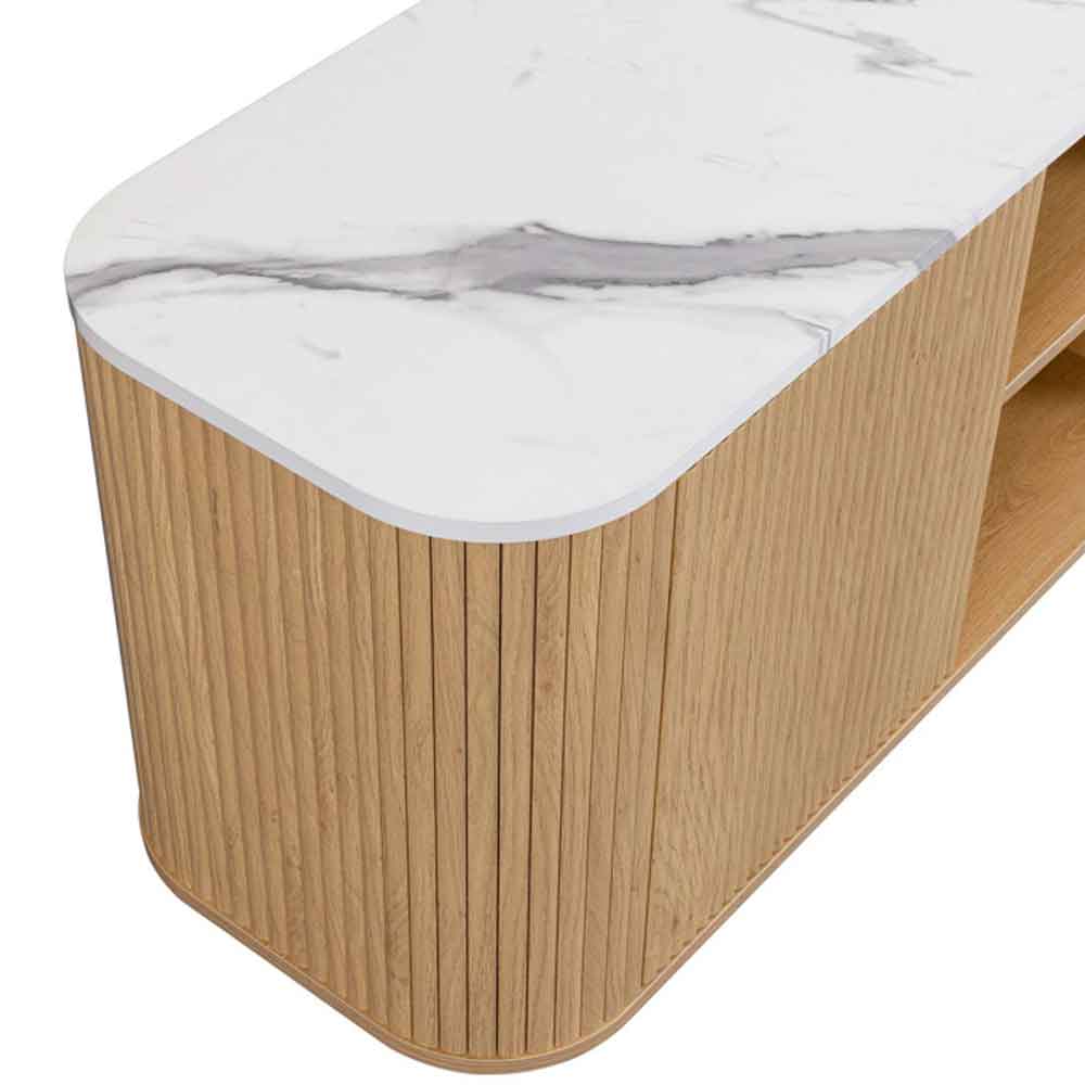 Ratro Small White Marble Effect Top TV Stand with Oak Wooden Base