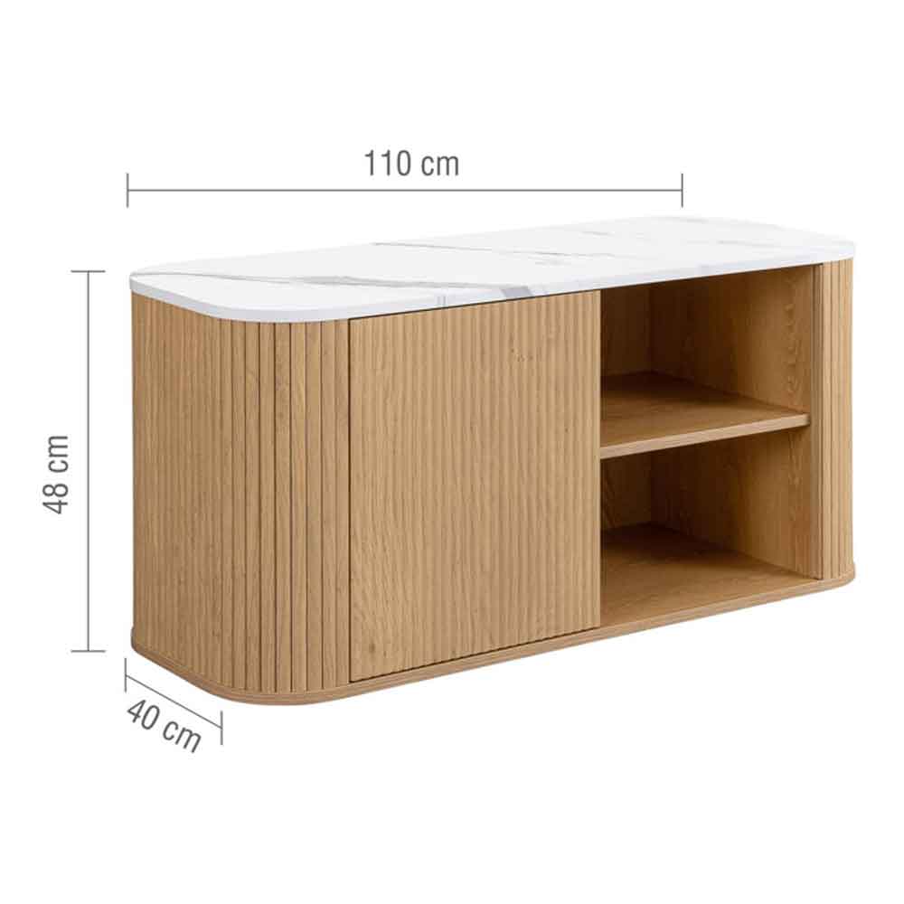 Ratro Small White Marble Effect Top TV Stand with Oak Wooden Base