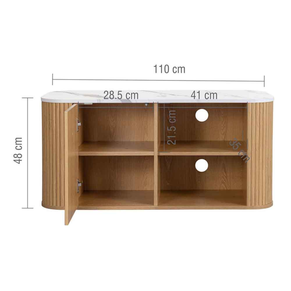 Ratro Small White Marble Effect Top TV Stand with Oak Wooden Base