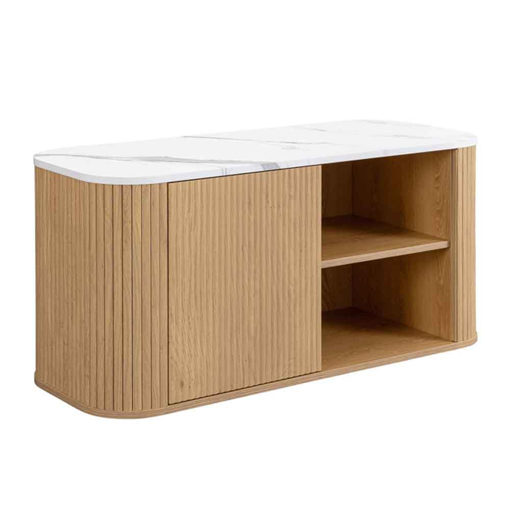 Ratro Small White Marble Effect Top TV Stand with Oak Wooden Base