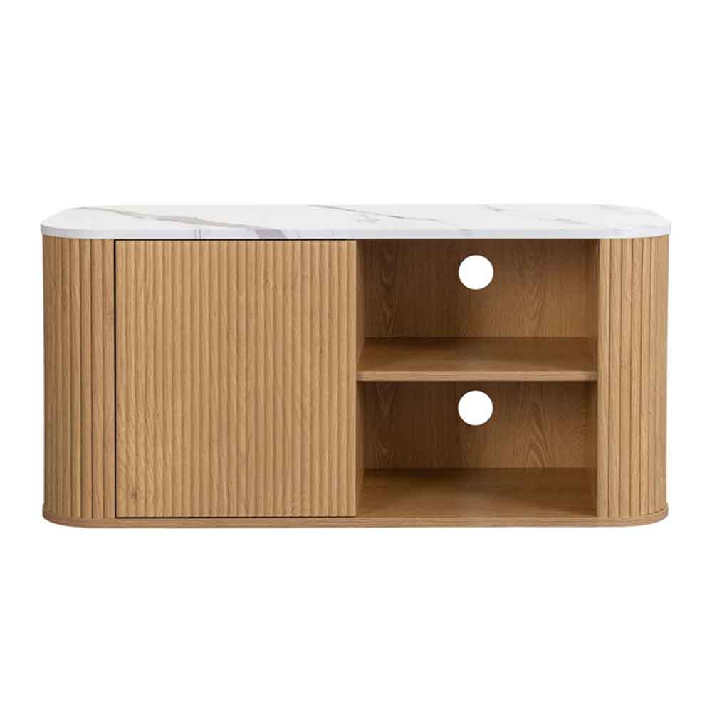Ratro Small White Marble Effect Top TV Stand with Oak Wooden Base