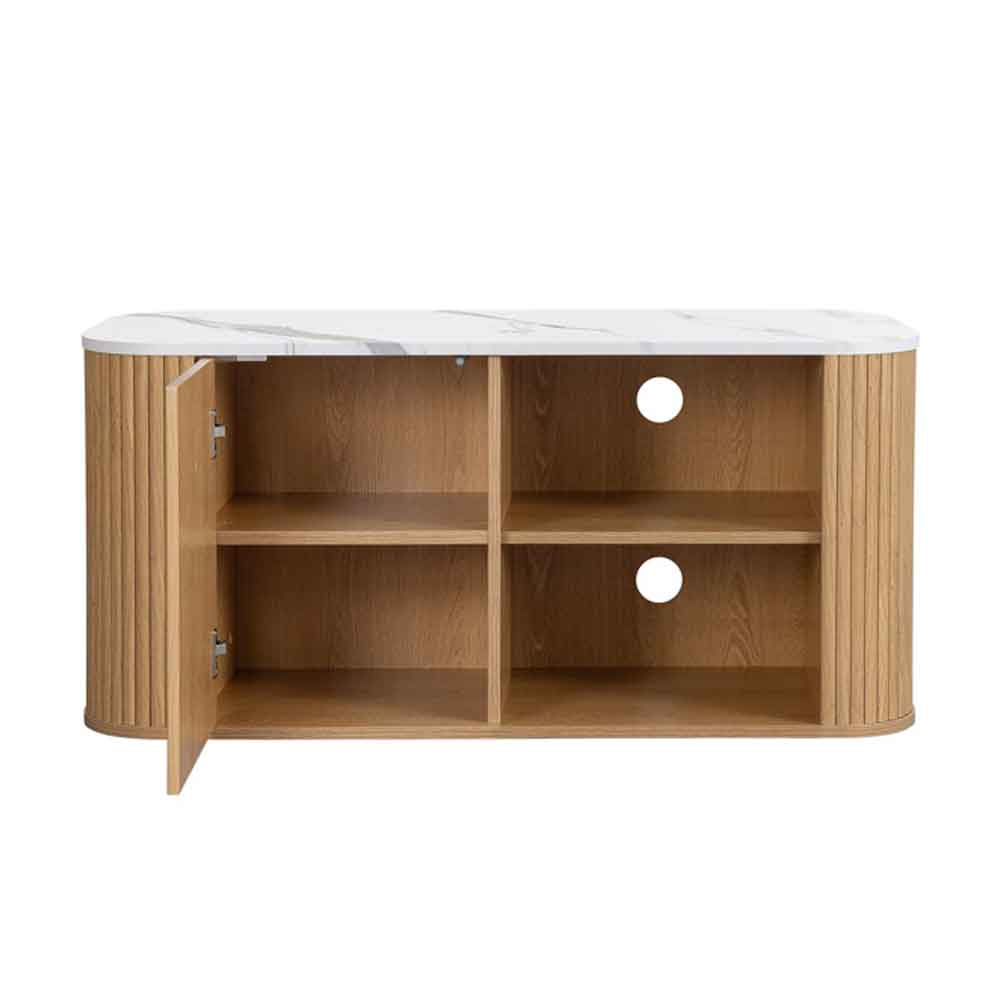Ratro Small White Marble Effect Top TV Stand with Oak Wooden Base