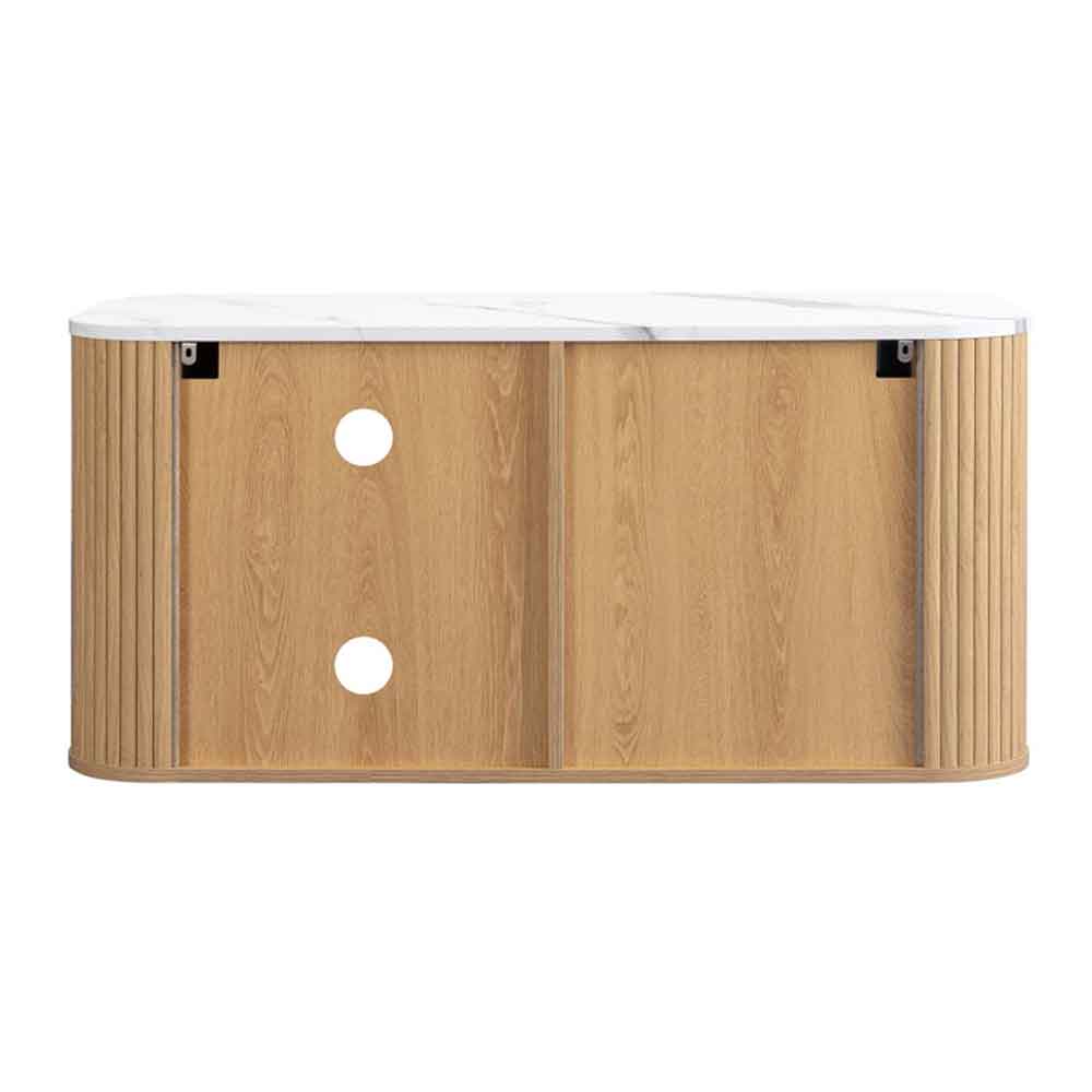 Ratro Small White Marble Effect Top TV Stand with Oak Wooden Base