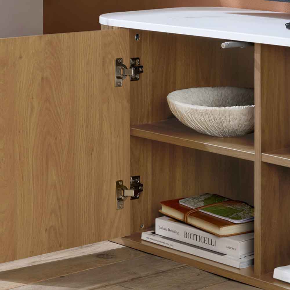 Ratro Small White Marble Effect Top TV Stand with Oak Wooden Base