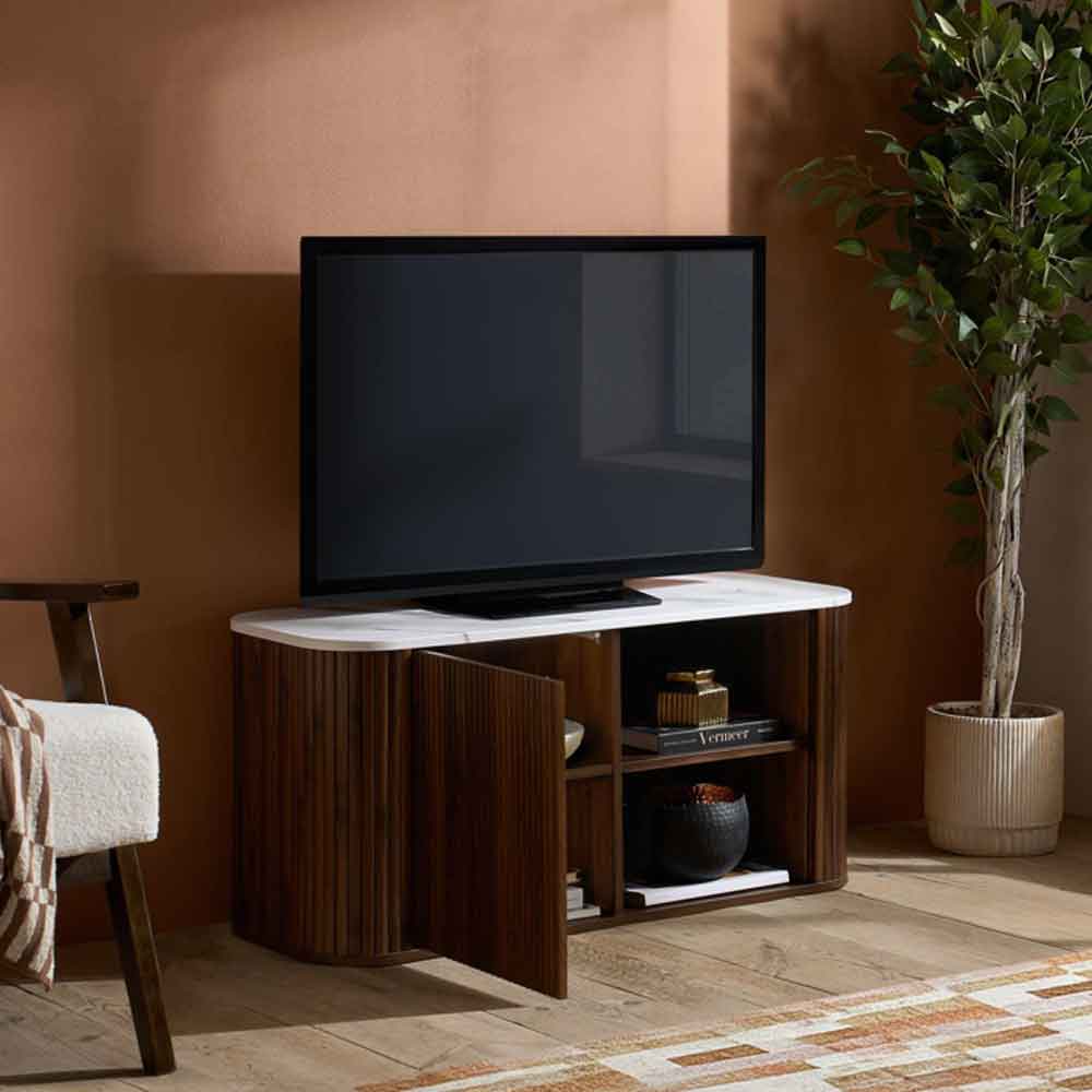 Ratro Small White Marble Effect Top TV Stand with Walnut Wooden Base