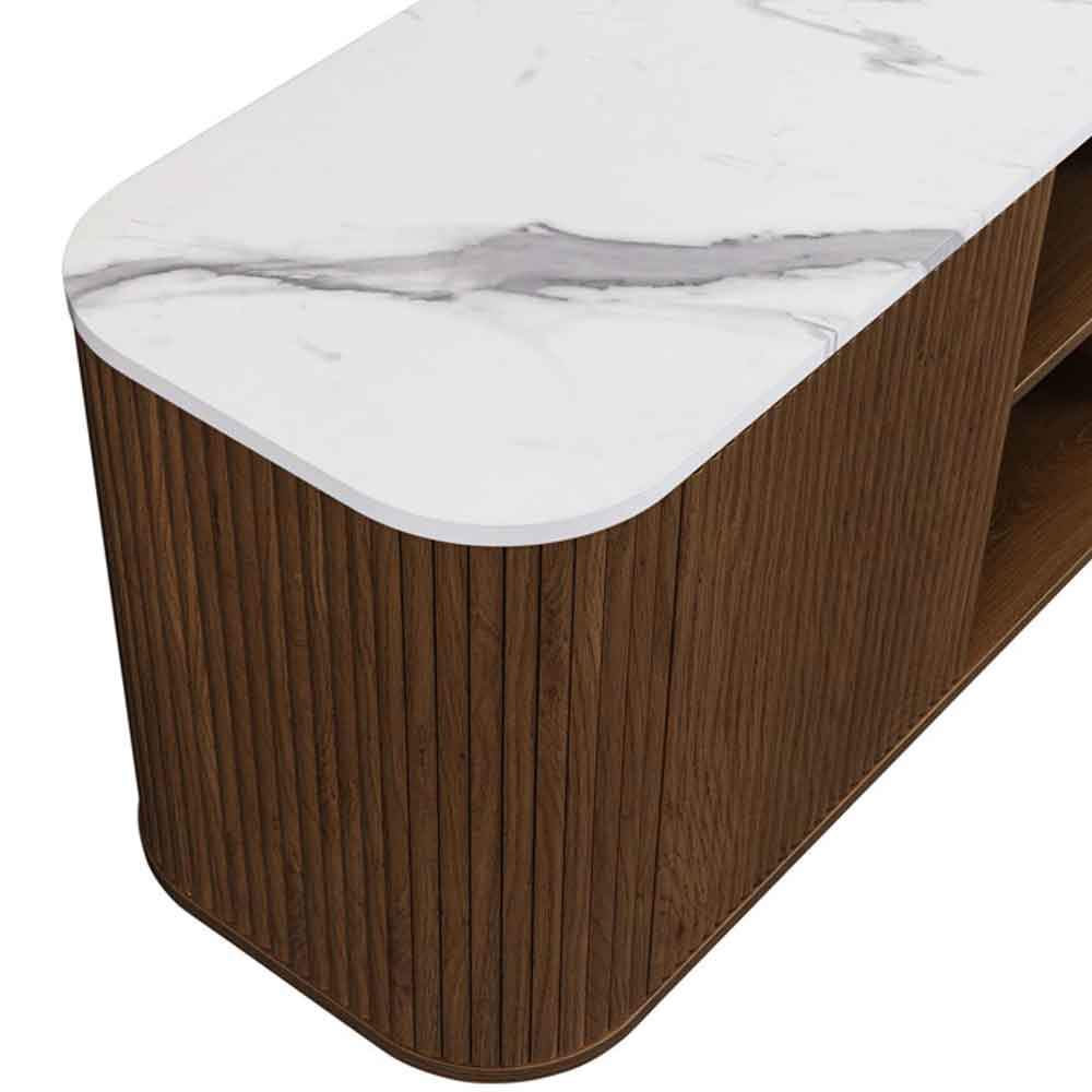 Ratro Small White Marble Effect Top TV Stand with Walnut Wooden Base