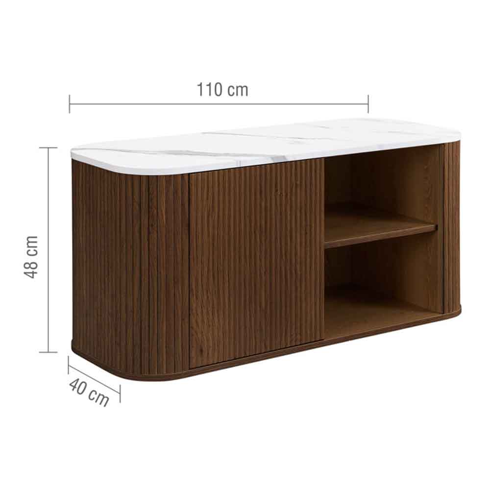 Ratro Small White Marble Effect Top TV Stand with Walnut Wooden Base