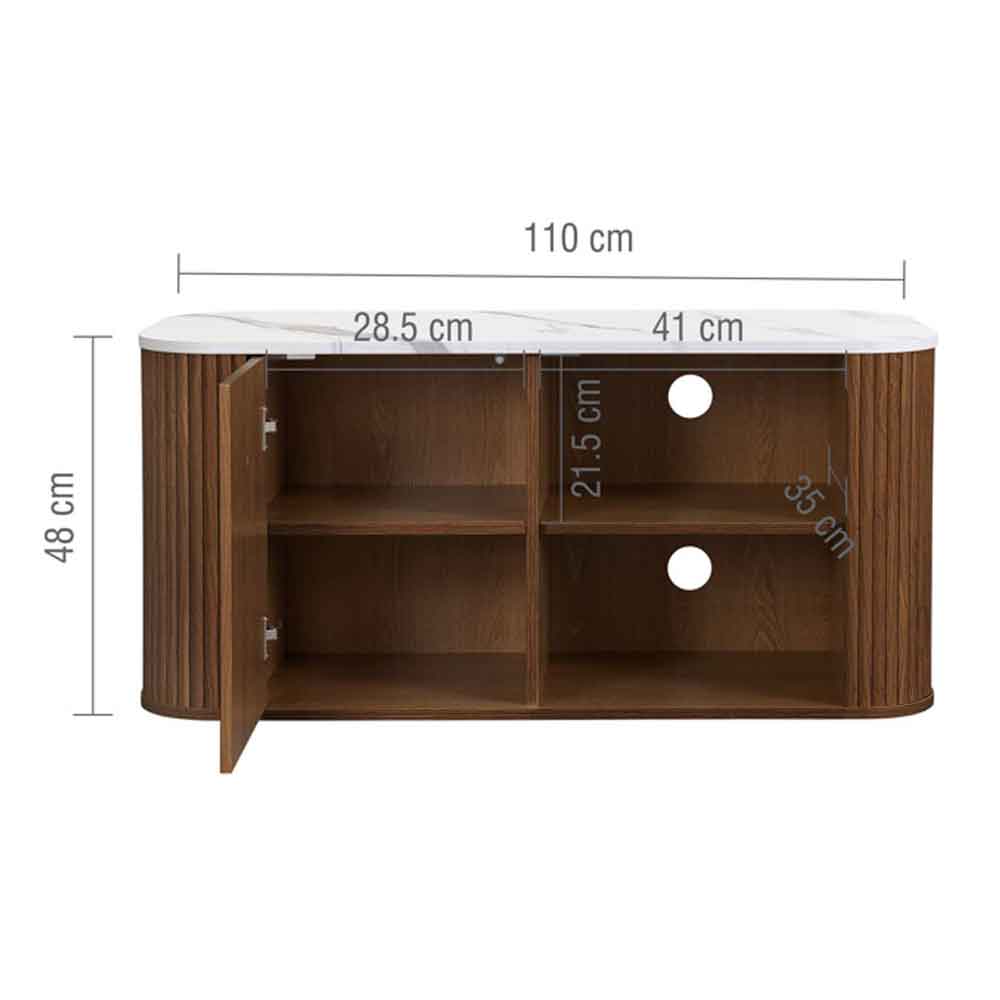 Ratro Small White Marble Effect Top TV Stand with Walnut Wooden Base