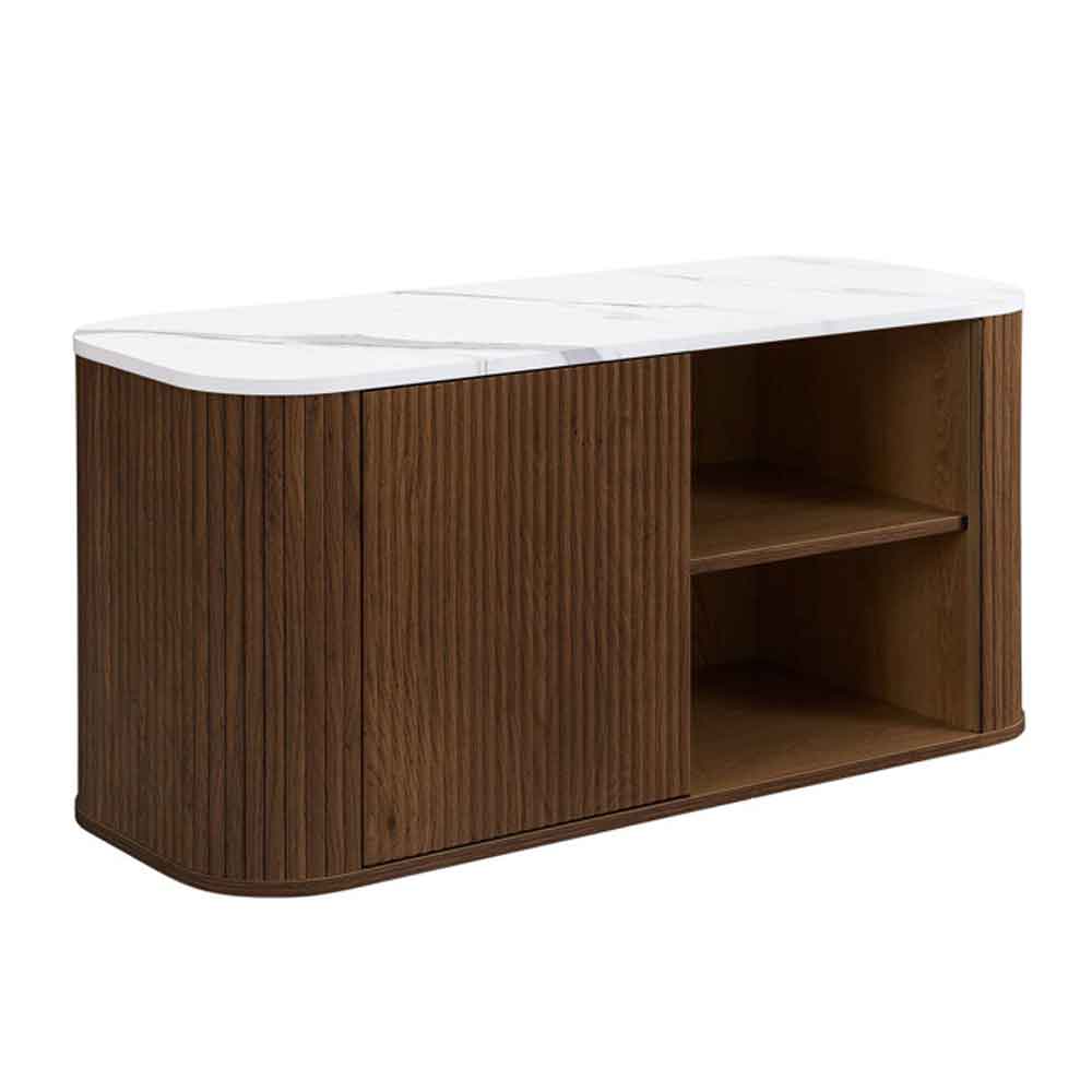 Ratro Small White Marble Effect Top TV Stand with Walnut Wooden Base