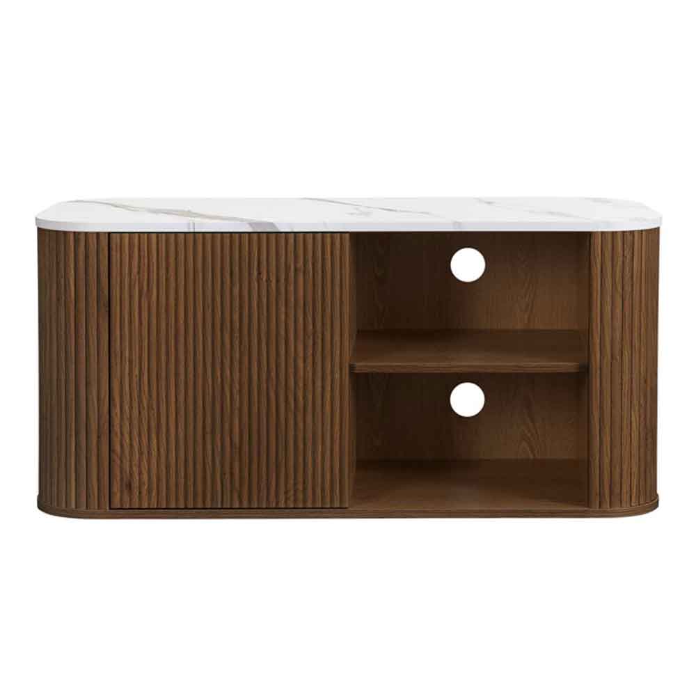 Ratro Small White Marble Effect Top TV Stand with Walnut Wooden Base