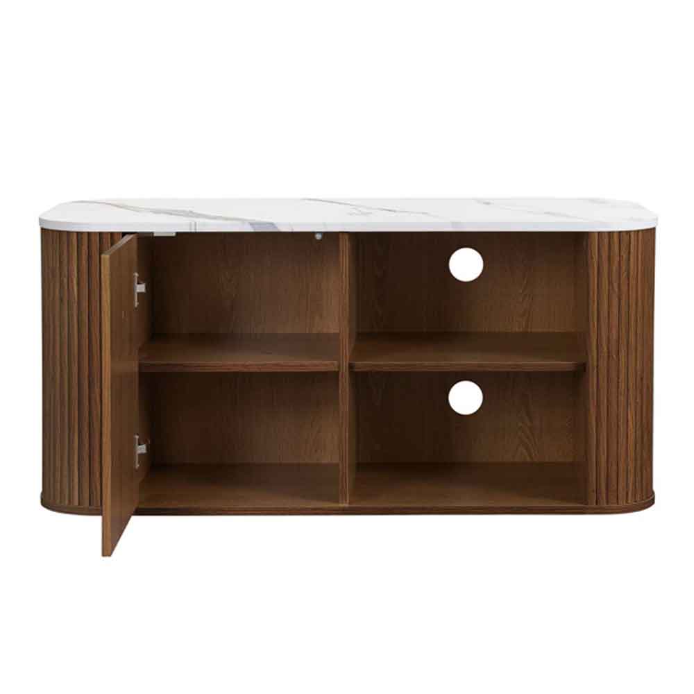 Ratro Small White Marble Effect Top TV Stand with Walnut Wooden Base