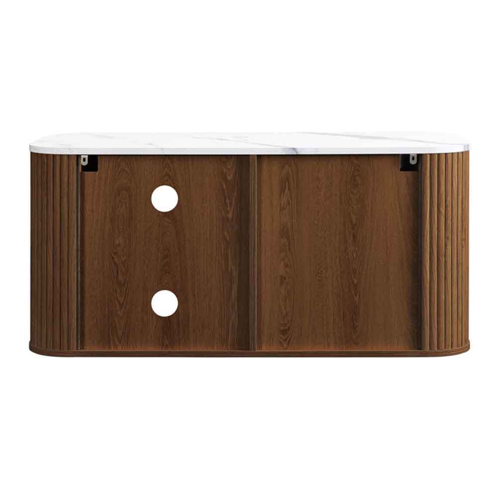 Ratro Small White Marble Effect Top TV Stand with Walnut Wooden Base