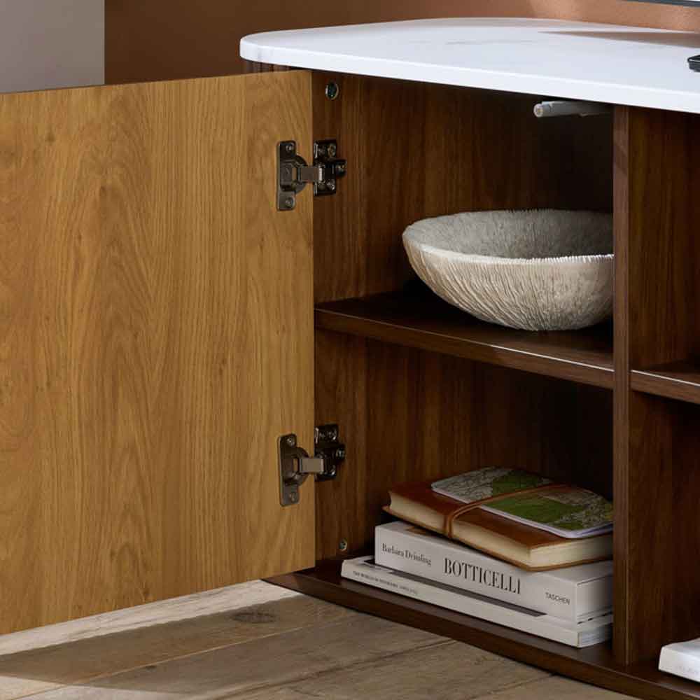 Ratro Small White Marble Effect Top TV Stand with Walnut Wooden Base