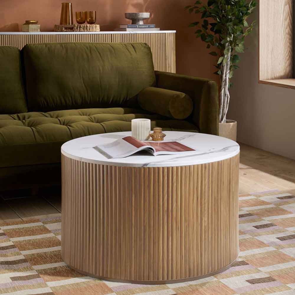 Ratro White Marble Effect Top Coffee Table with Oak Wooden Base