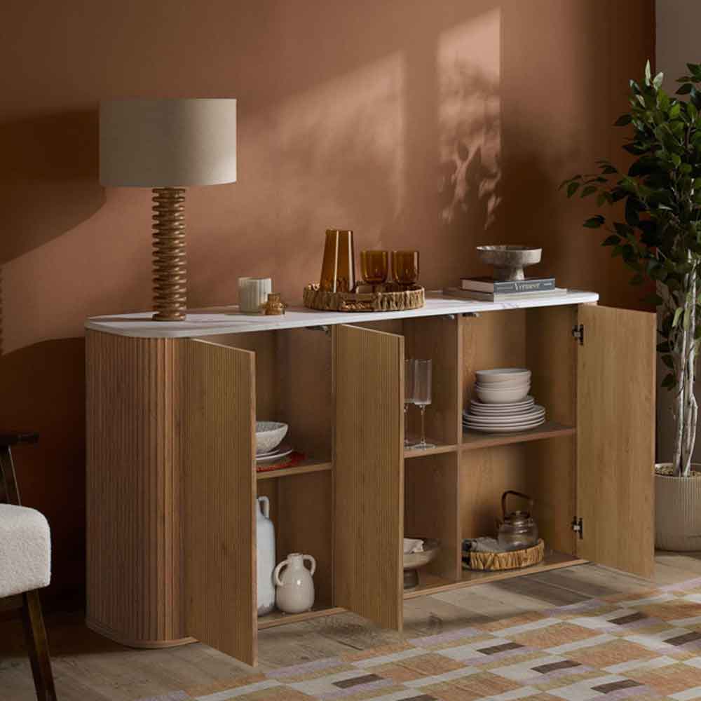 Ratro White Marble Effect Top Sideboard with Oak Wooden Base