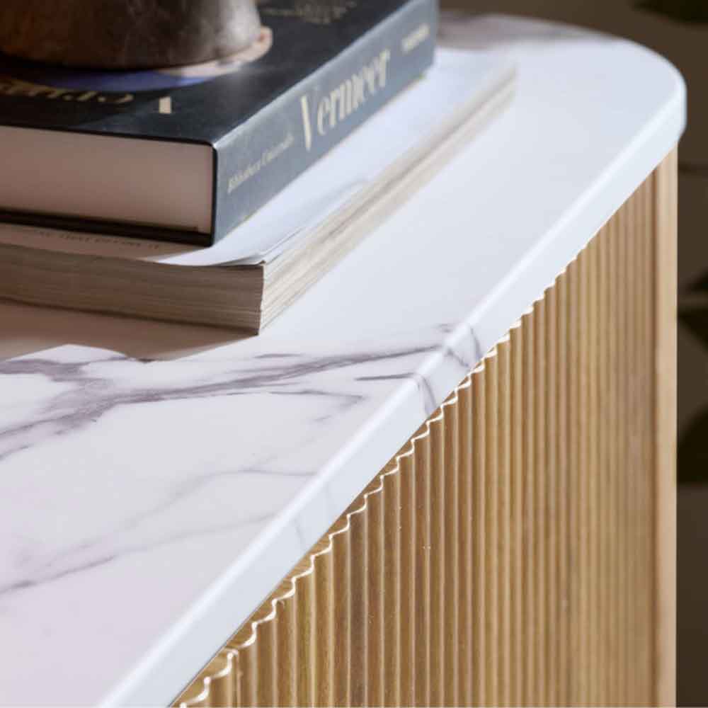 Ratro White Marble Effect Top Sideboard with Oak Wooden Base